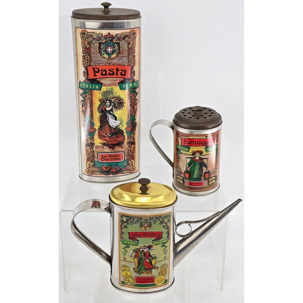 3 Lot Vintage Italian La Volpe Che Corre Pasta, Formaggio, and Olio D'Oliva Tins
